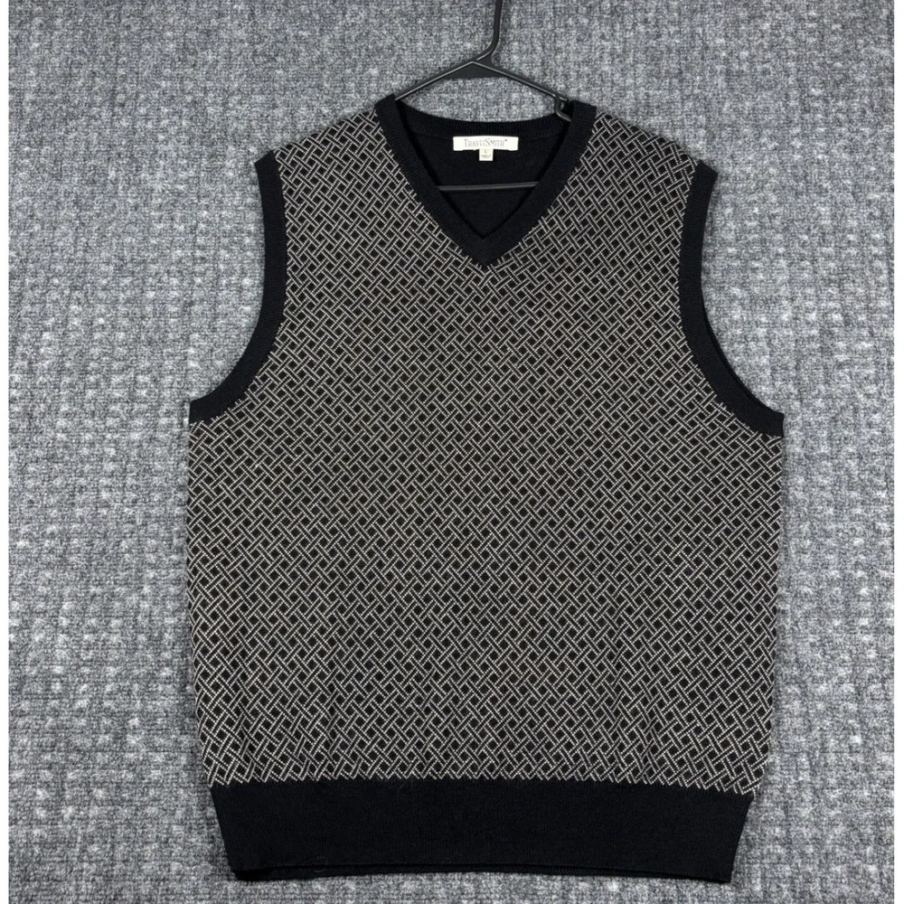 TravelSmith Merino Wool Blend V-Neck Sweater Vest L Black Geometric Preppy Y2K
